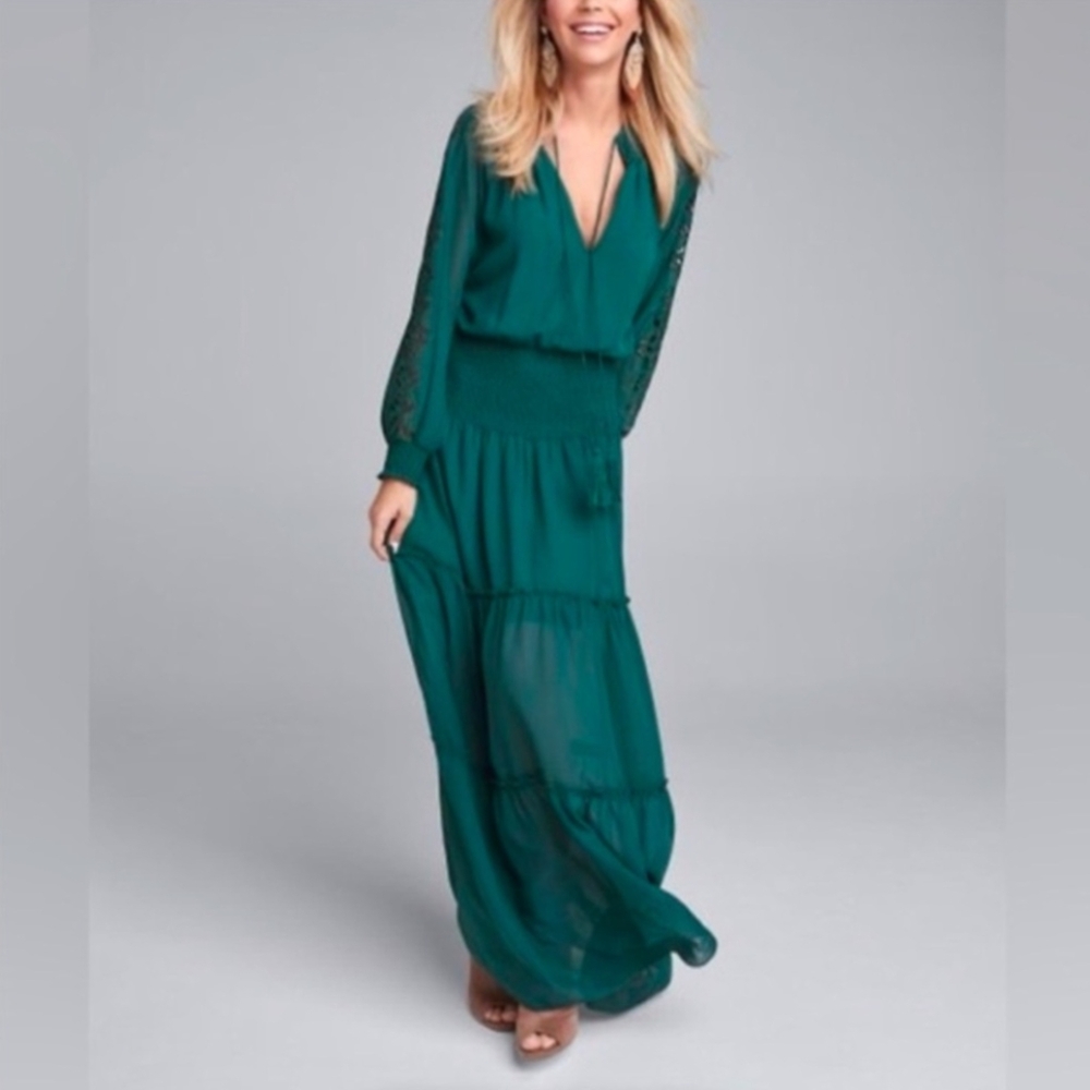 Venus Dark Green Emerald Boho Long Sleeve Maxi Dress